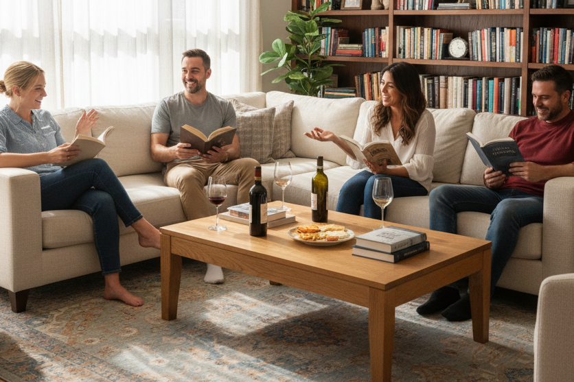 4 people in living room on couch with books and wine