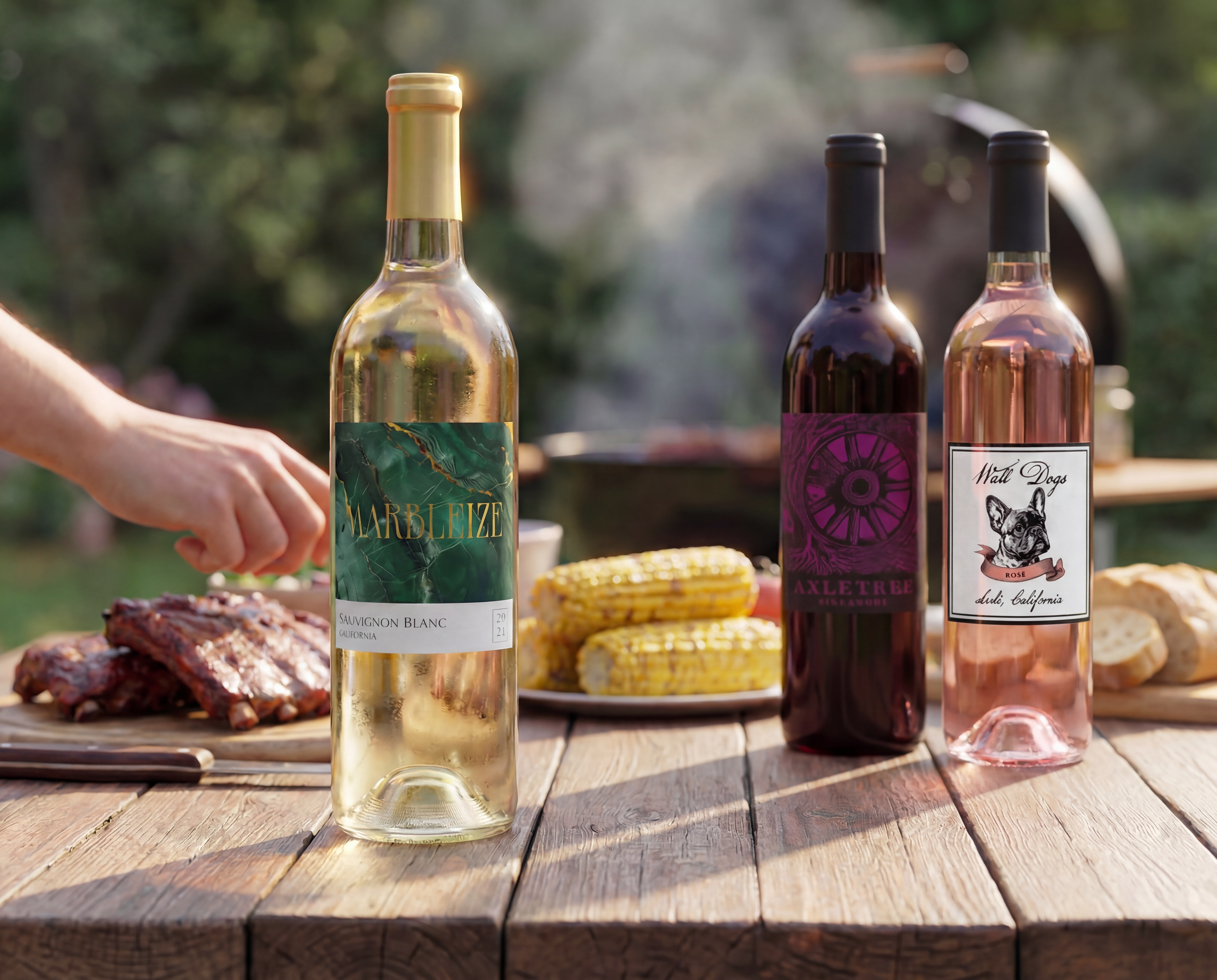 red, white, rose wines on picnic table with grilled meat and corn in background