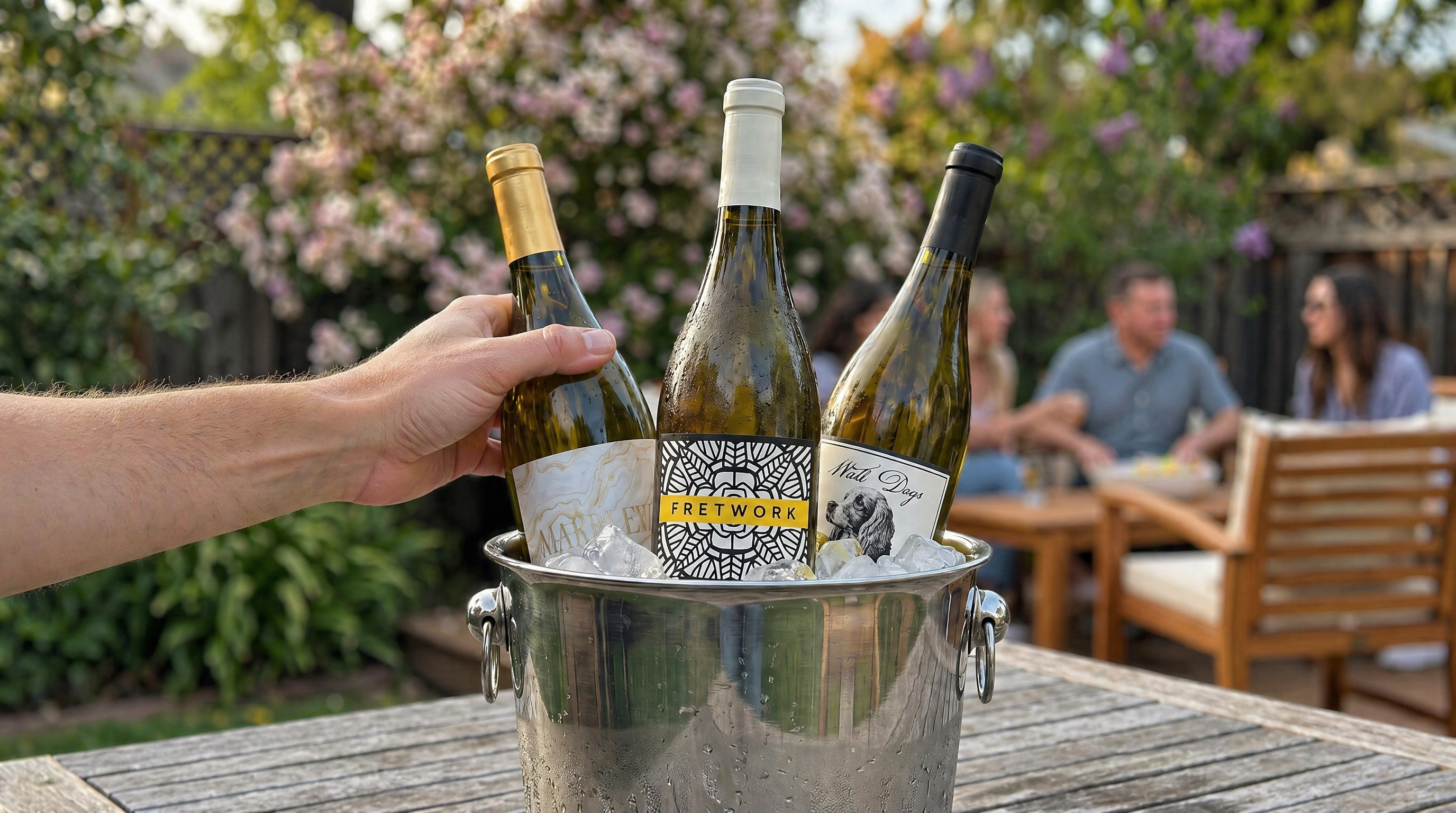 white wine in ice bucket on a picnic table with people in the background