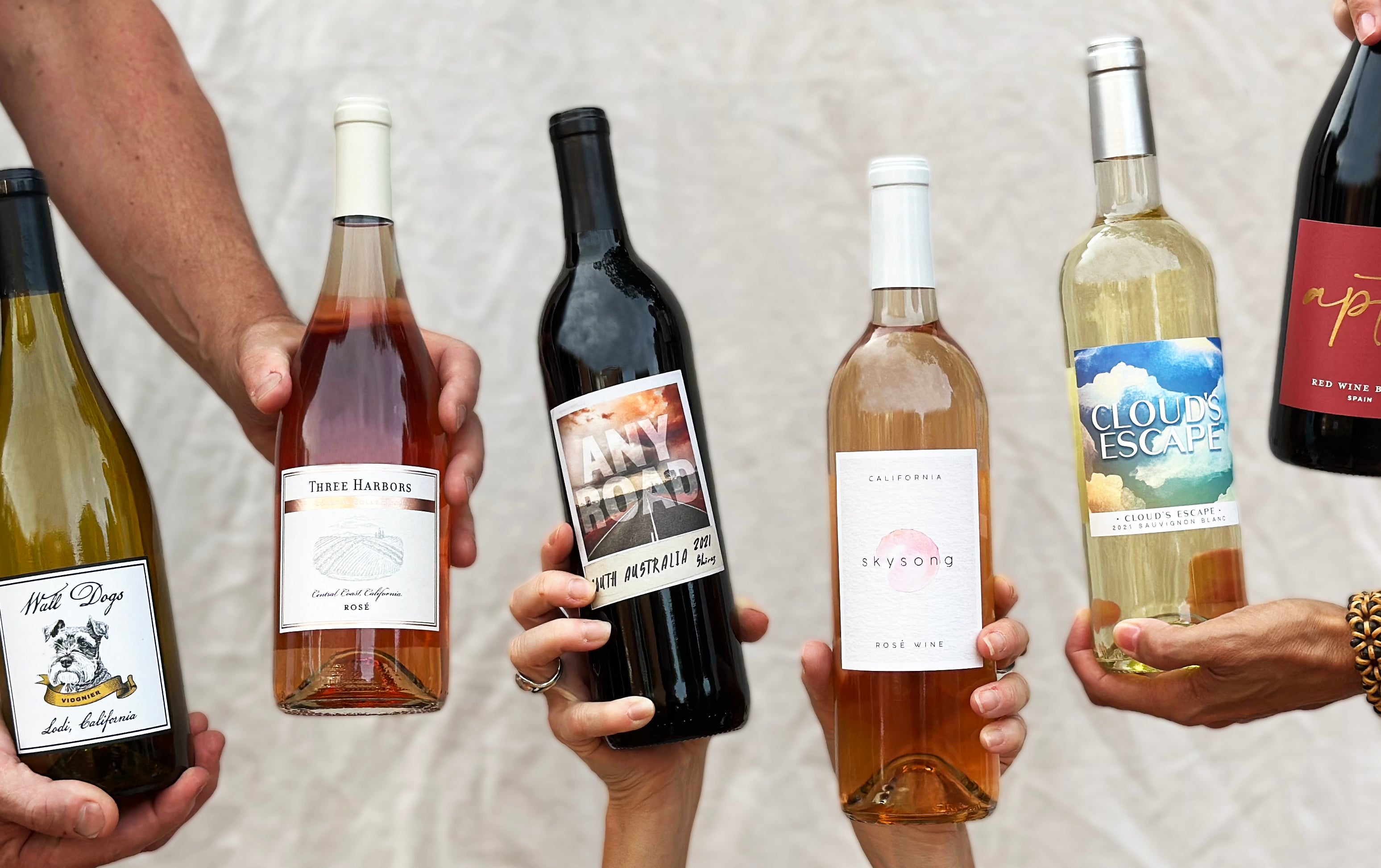 Mixed wines in hand on canvas background