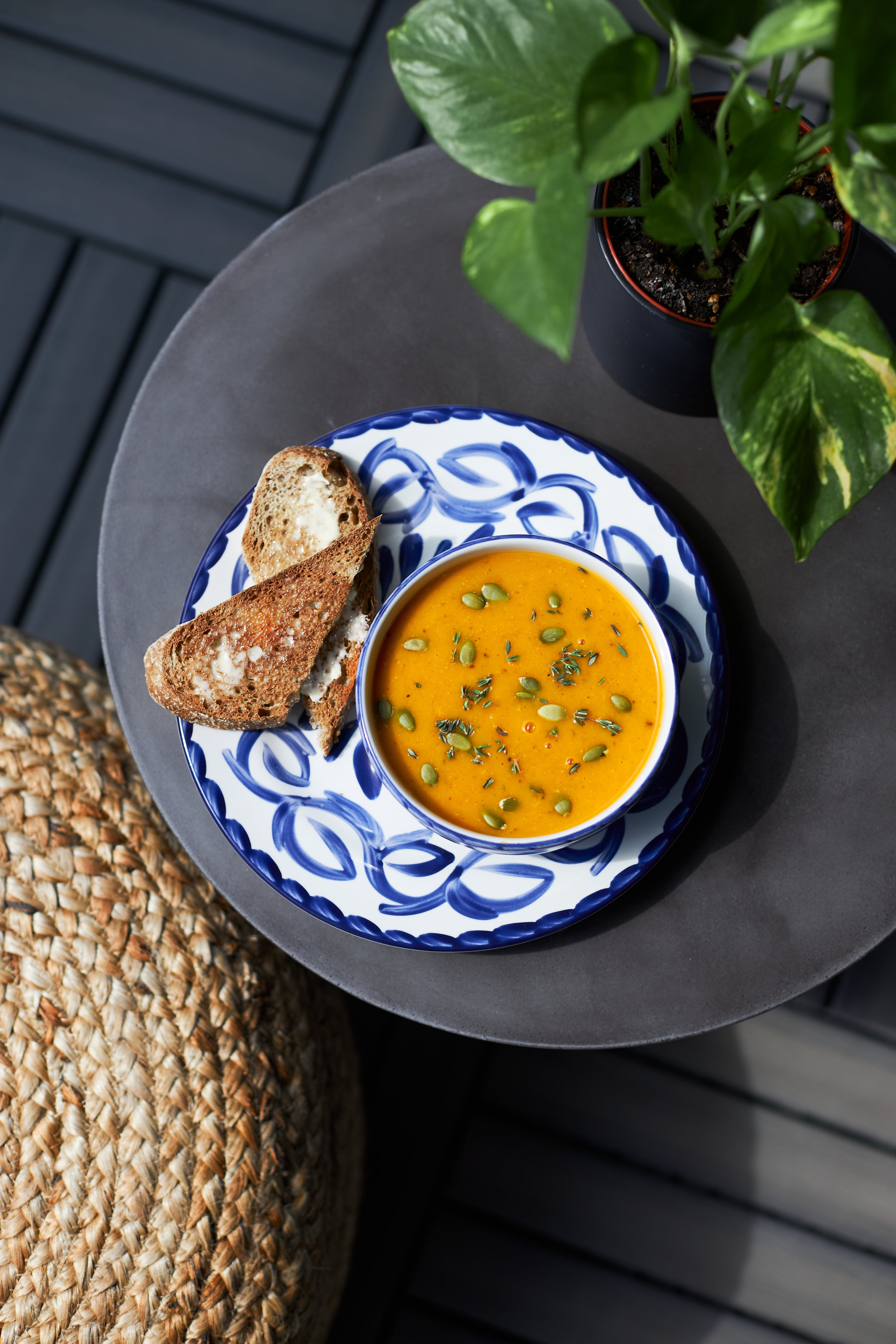 pumpkin soup with crusty bread and plant on side of table
