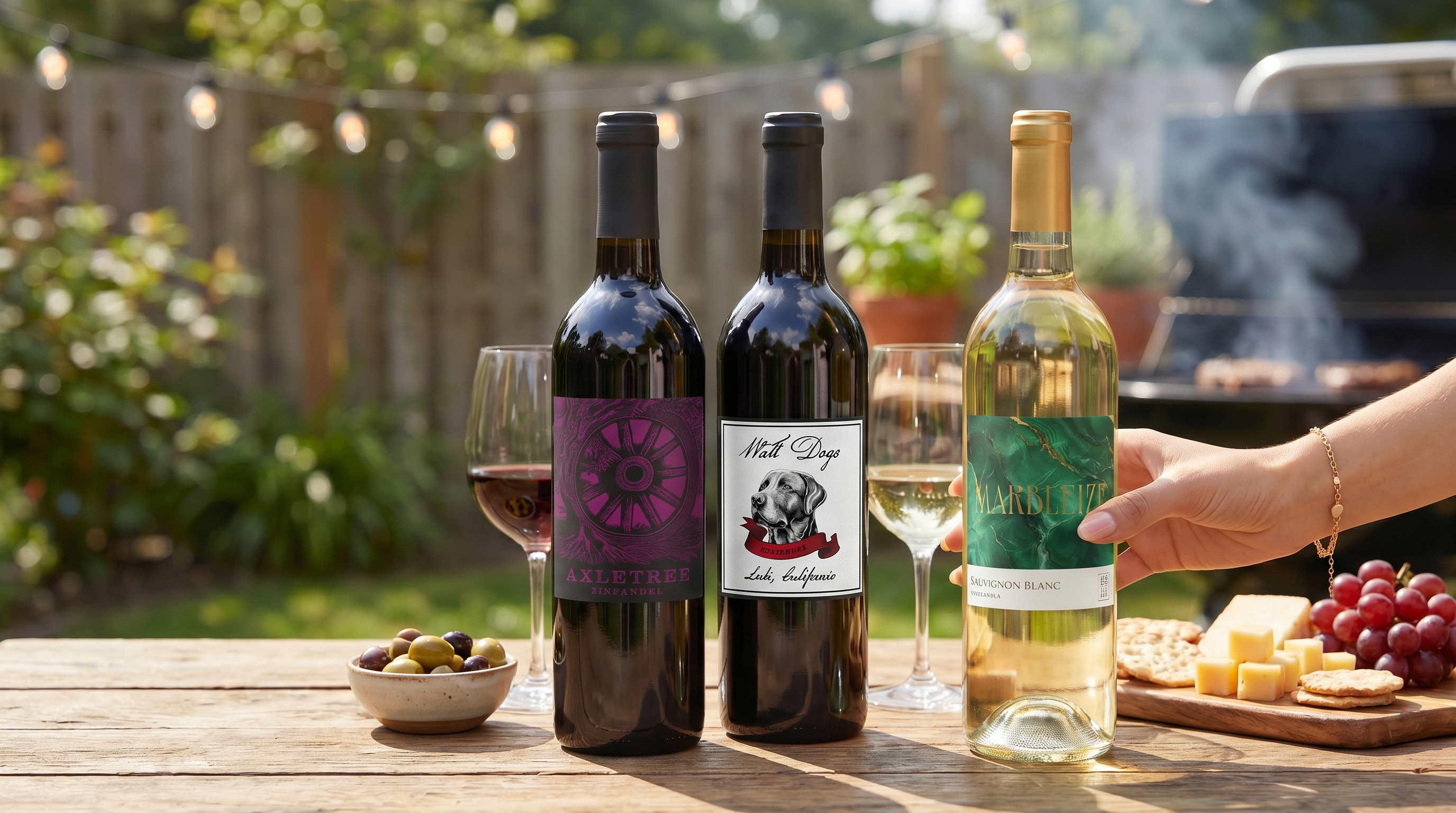 person reaching for white wine, with red wines on backyard picnic table with cheese and grapes