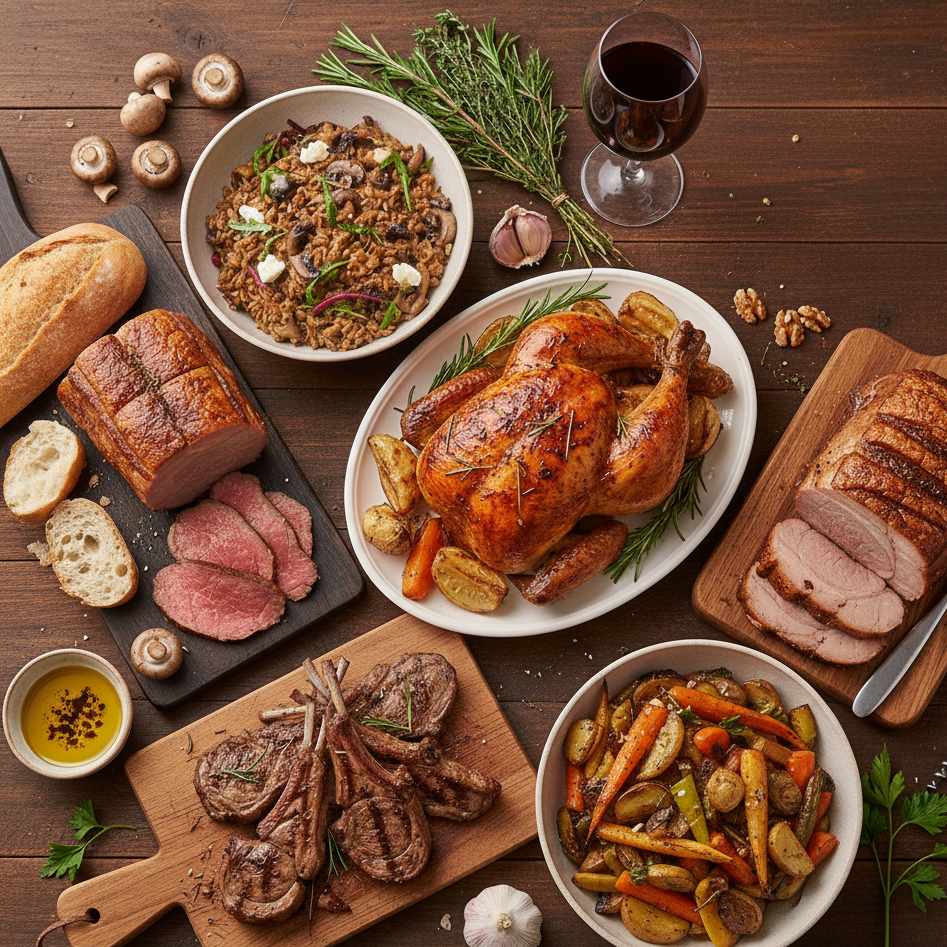 merlot wine food pairings including chicken, ham, steak, and vegetables