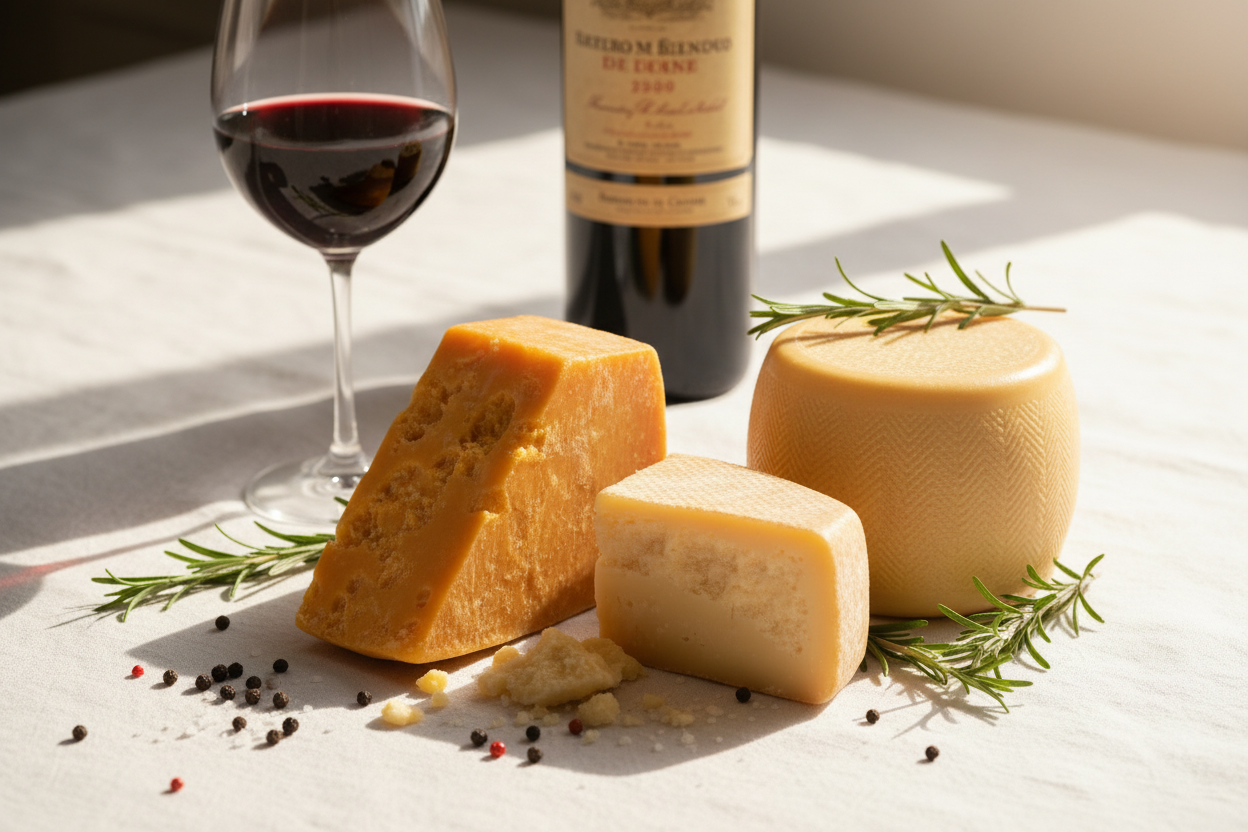 red wine on table with hard cheese, thyme and peppercorns