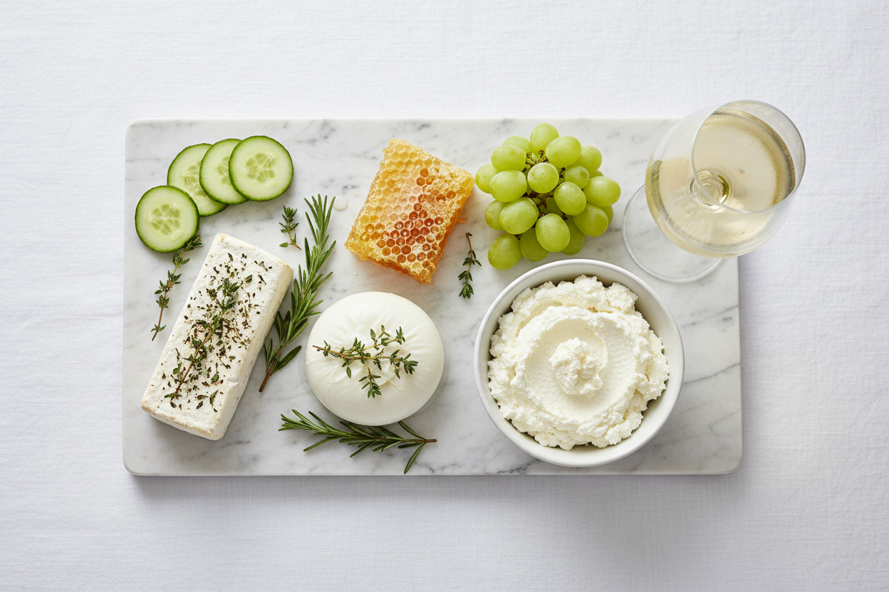 marble slab with tangy cheeses, grapes, honey comb, and glass of white wine