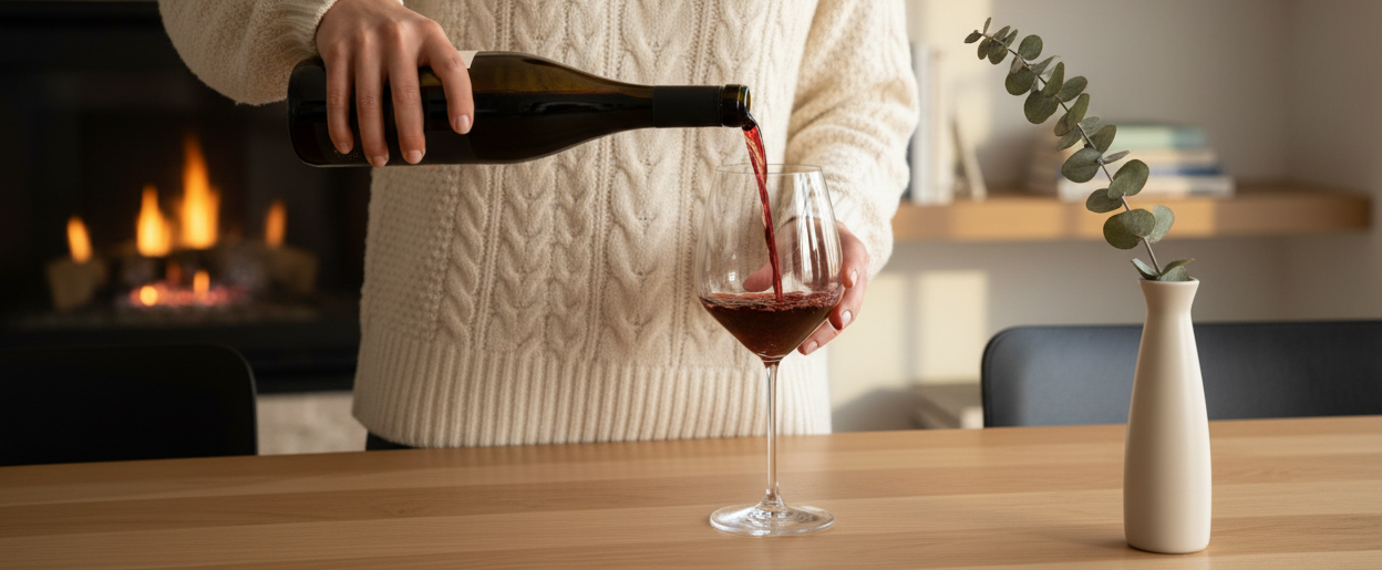 woman in sweater pouring a glass of Syrah wine