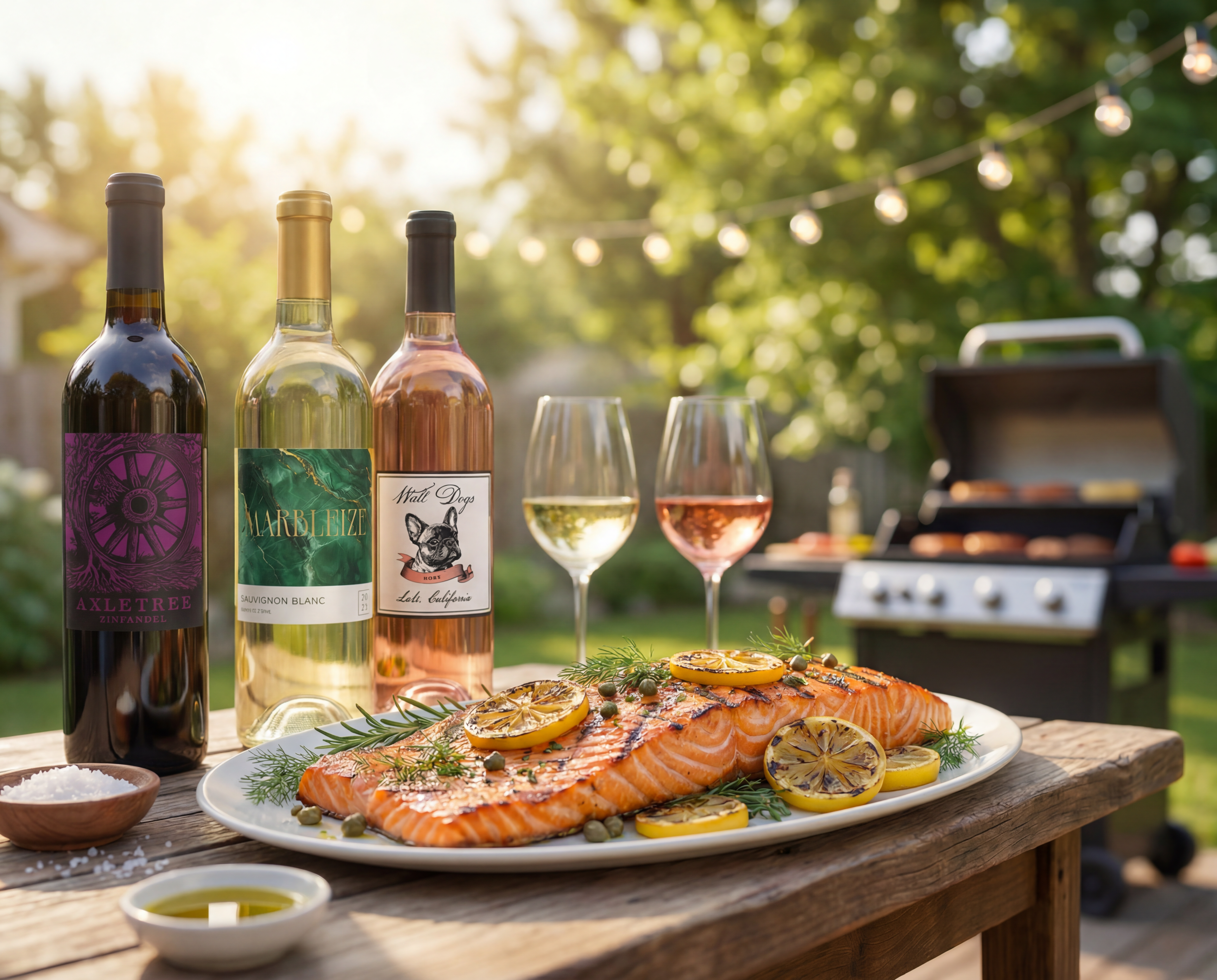 red white and rose wine with grilled lemon salmon in foreground and bbq in background
