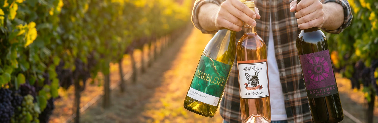 Man wearing flannel holding red, white, rose wine at a vineyard in Lodi