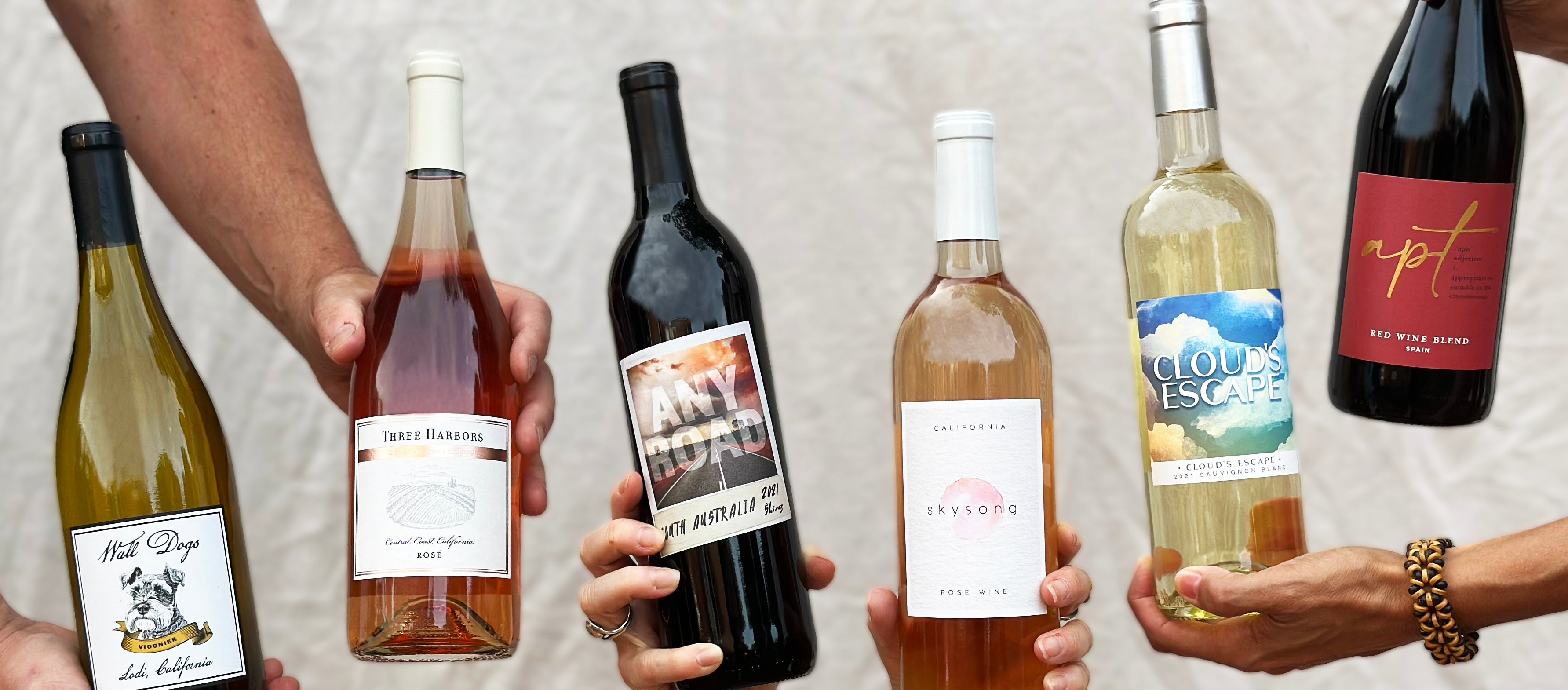 hands holding red white and rose wines