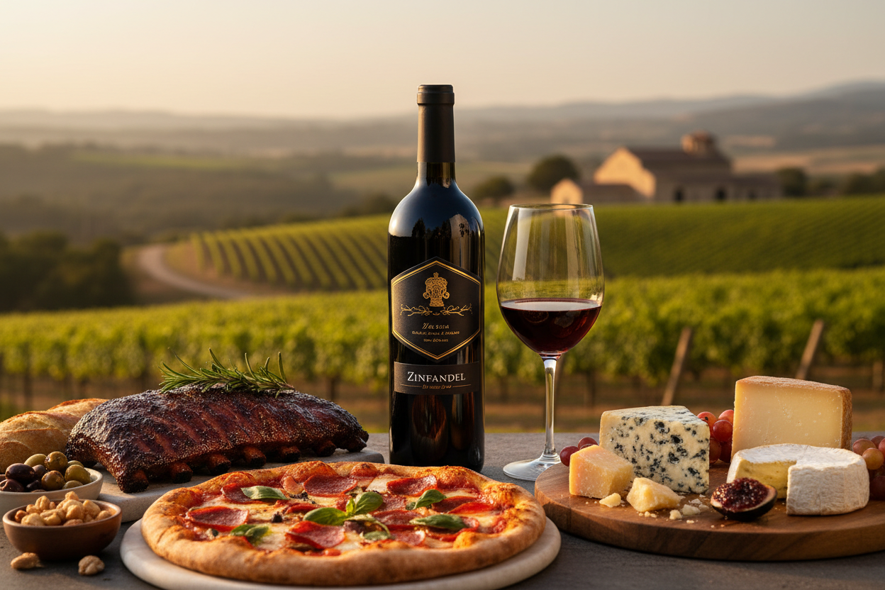  lodi zinfandel on table with ribs, pepperoni pizza, and cheese with lodi vineyards in background