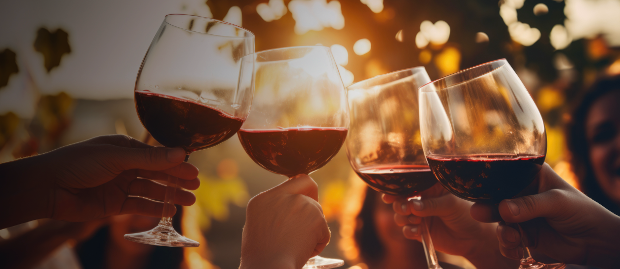 people cheersing red wines at sunset