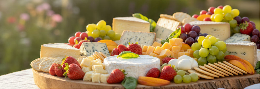 wooden platter piled with soft and hard cheese, grapes and strawberries, and crackers