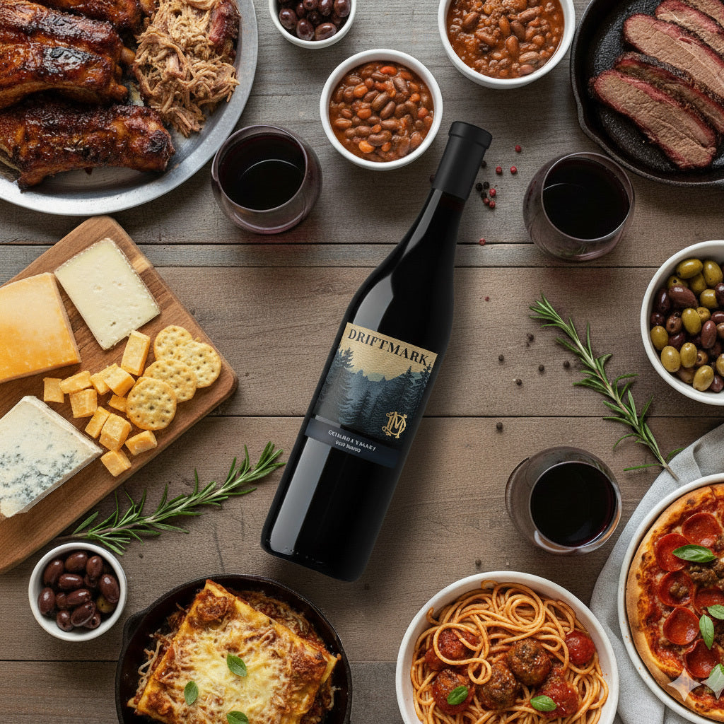 red wine bottle on a wooden table with various appetizers including cheese, pasta, red meat, and olives