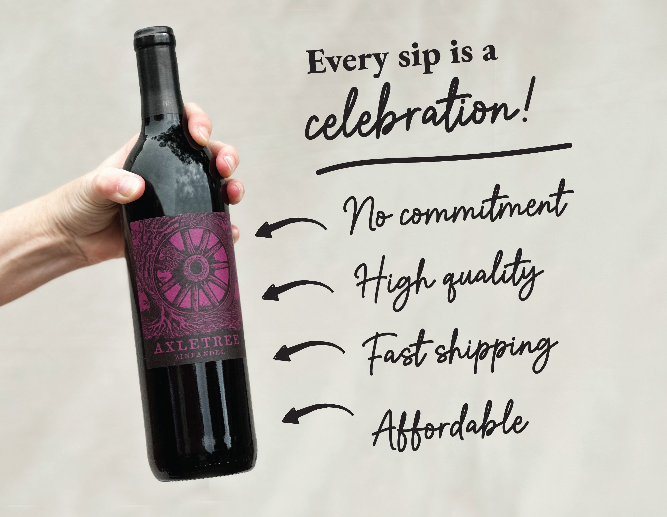 Hand holding a bottle of Axletree Zinfandel with promotional text highlighting benefits like no commitment, high quality, fast shipping, and affordability.