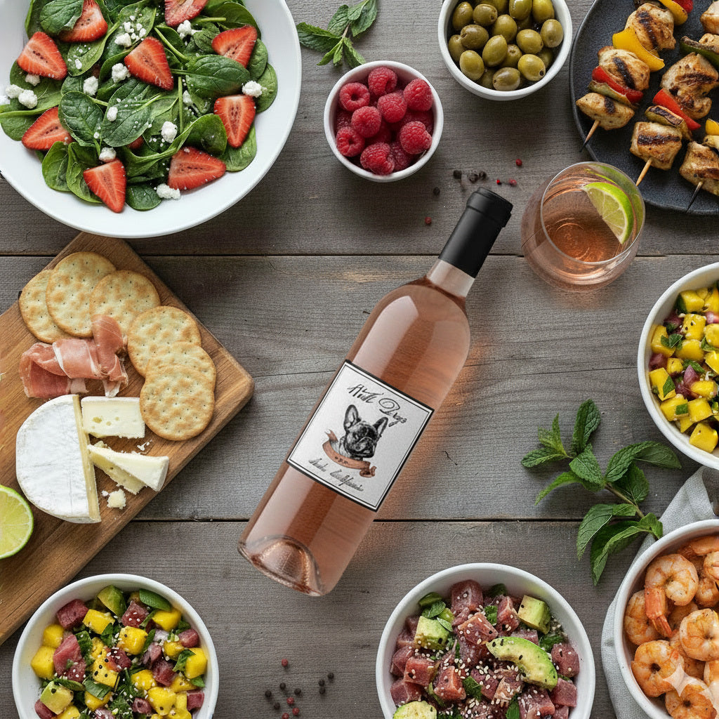 rose zinfandel wine bottle on a wooden table with various appetizers including salad, cheese, and skewers.