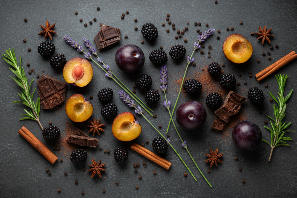 table full of  blackberry, plum, and black pepper, often with earthy, spicy, or smoky notes like lavender, chocolate,